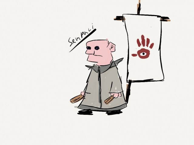 Sempari with prayer sticks and banner