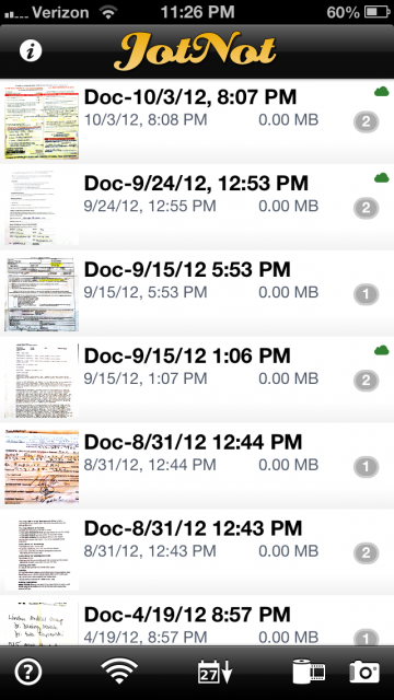 Here is a snapshot of my JotNot Pro app. Not very organized.
